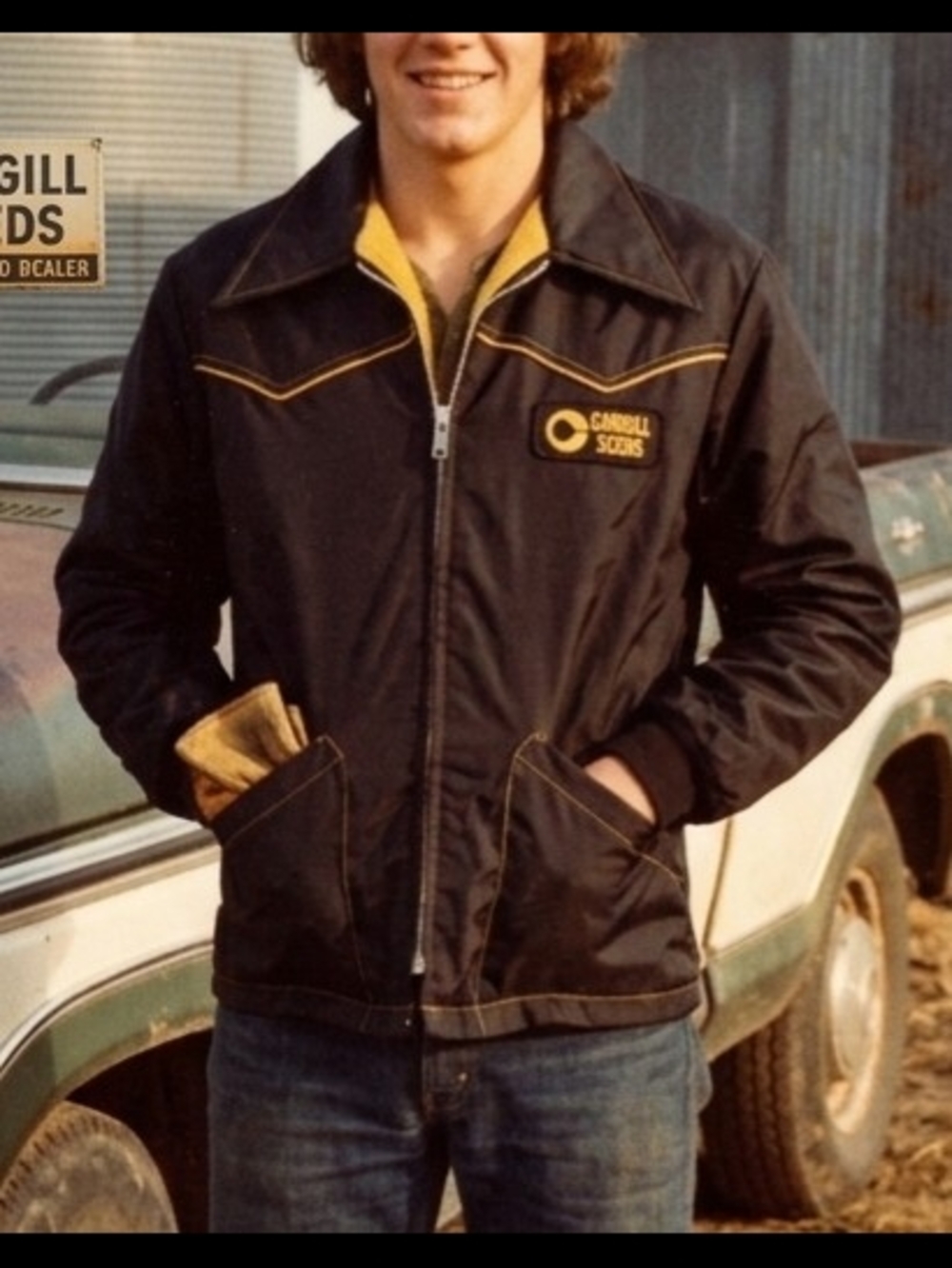 Vintage Men’s Black Jacket with Yellow Trim & Cargill Seeds Logo
